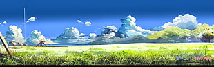 grass field under blue sky artwork, Makoto Shinkai , 5 Centimeters Per Second, field, clouds