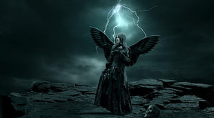 Angel standing on rock with lightning illustration