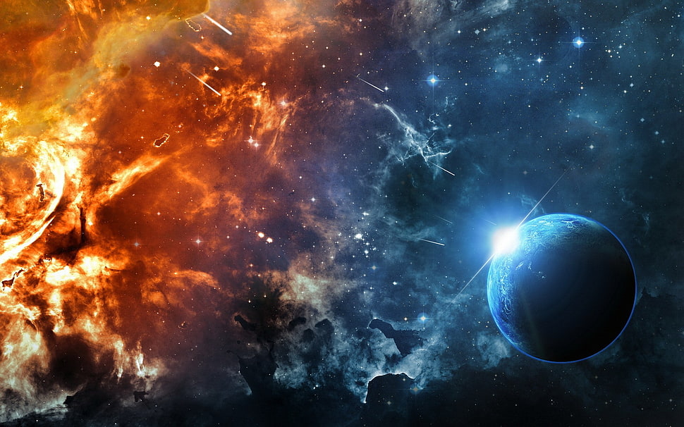 universe digital wallpaper, space, fire, ice, planet HD wallpaper