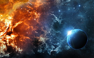 universe digital wallpaper, space, fire, ice, planet