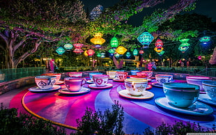 assorted-color teacup with saucer set lot, Disneyland, theme parks, trees, lantern