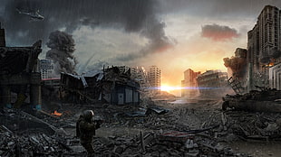 soldier holding gun illustration, apocalyptic, digital art, sky, ruin