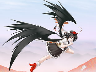 black-haired anime girl with raven wings\