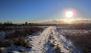 dirt road, Russia, winter, snow, sky