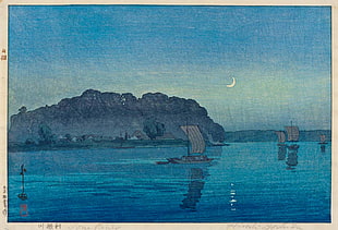four boat on sea painting, Yoshida Hiroshi, artwork, ship, Japan