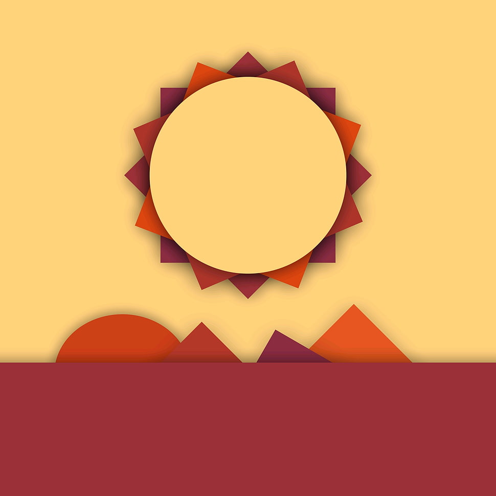 red and orange sun over mountains silhouette decor, abstract, texture HD wallpaper