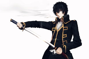 black-haired male holding katana anime character graphic illustration