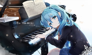 blue-haired female anime character graphic wallpaper, Hatsune Miku, piano, white background, Vocaloid HD wallpaper