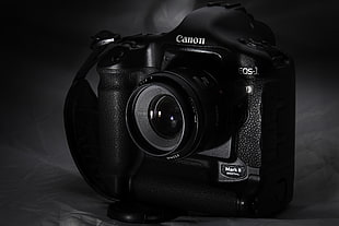 gray scale photography of Canon EOS-1 DSLR camera