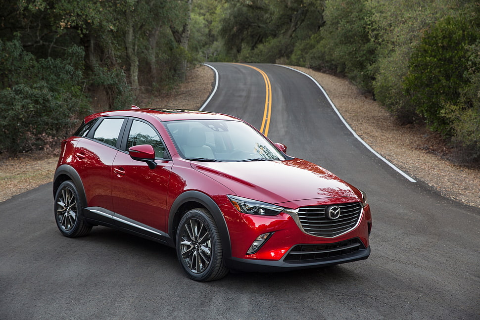 red Mazda 5-door hatchback HD wallpaper