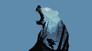 roaring animal and silhouette of man illustration