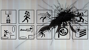 black icon screengrab, Portal (game), cracked, white, sign