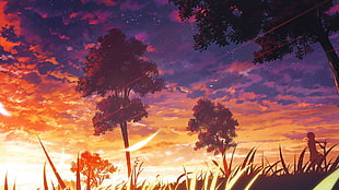 brown leaf trees, sky, anime, sunset