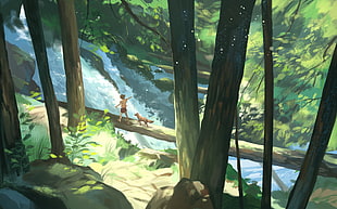 painting of boy in forest, digital art, forest, fox, rock HD wallpaper