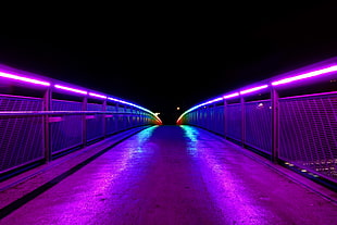 purple neon light, Bridge, Lights, Railings