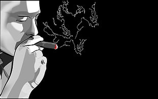 person smoking cigarette artwork digital wallpaper, black background, closed eyes, cigars, smoking