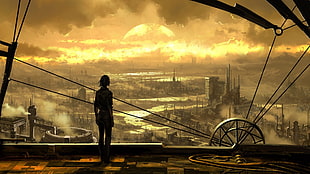 person standing in rooftop, cityscape, science fiction