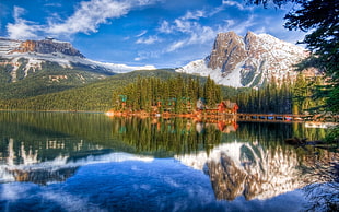calm body of water near pine trees and mountains during daytime photograph