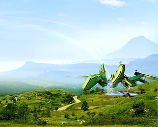 green robot illustration, digital art, landscape, rainbows