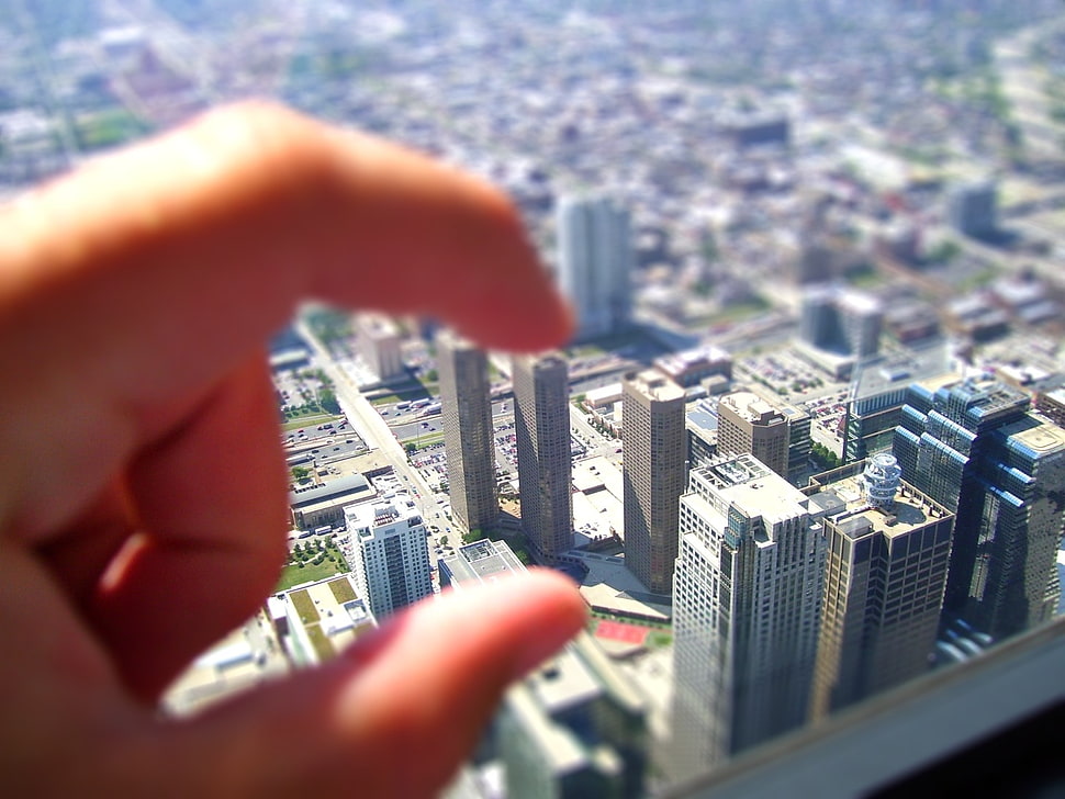 3D photography of person holding high-rise buildings HD wallpaper