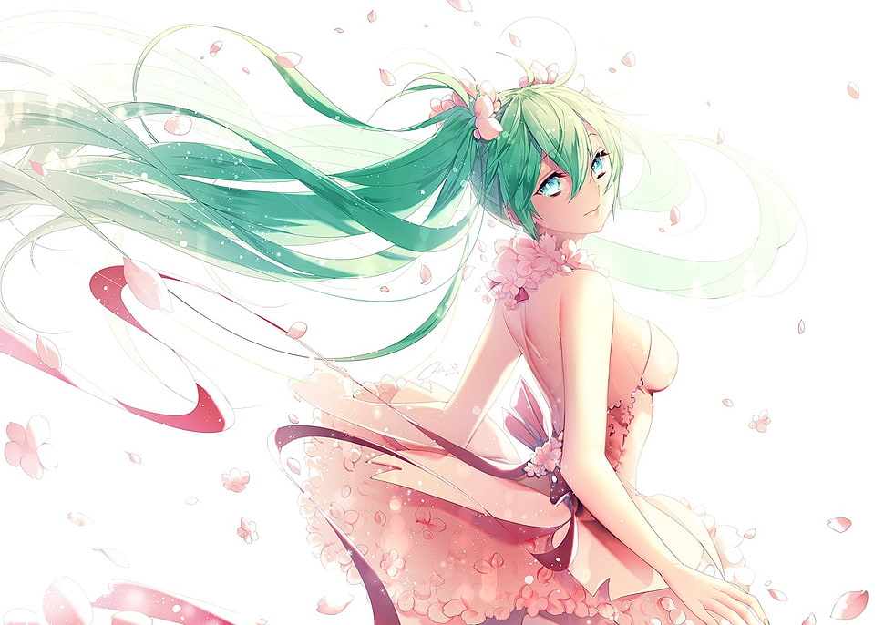 green haired female anime character digital wallpaper HD wallpaper
