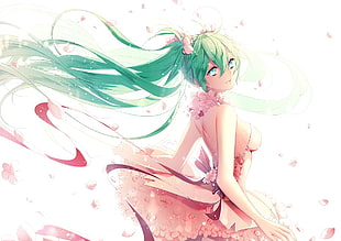 green haired female anime character digital wallpaper