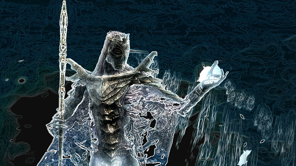 man holding sphere with spear illustration, The Elder Scrolls V: Skyrim, video games HD wallpaper