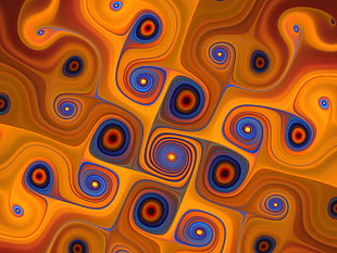 closeup photo of yellow and blue spiral graphic wallpaper