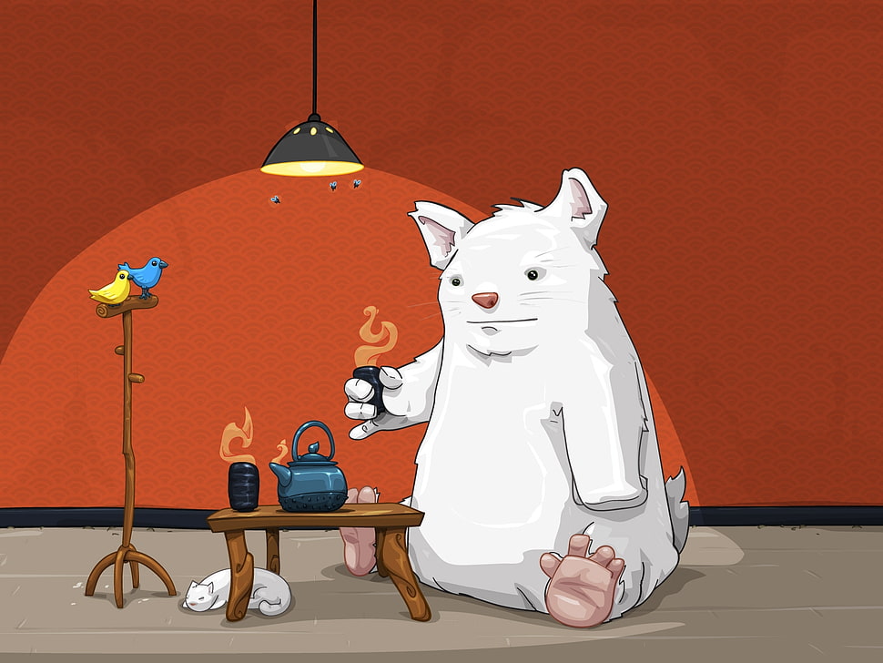 white animal drinking tea painting HD wallpaper