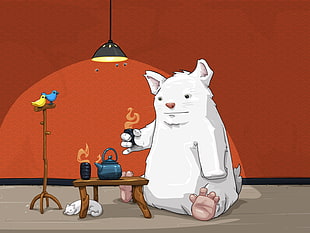 white animal drinking tea painting