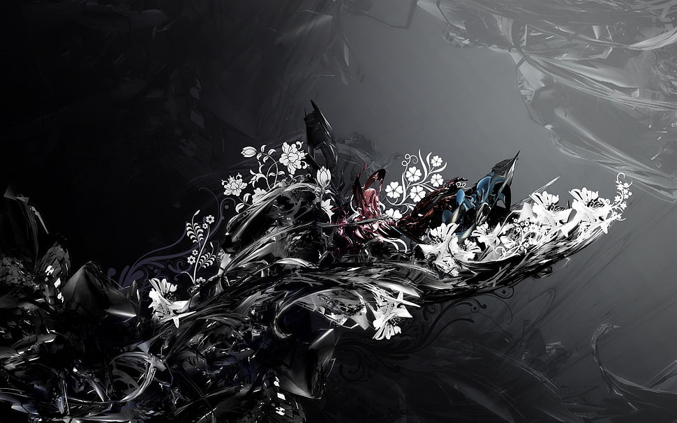 white, blue and pink flower illustration HD wallpaper