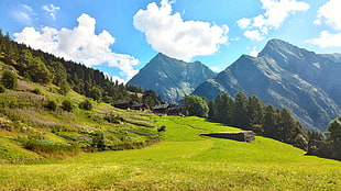green grass field near mountains under blue sky during daytime