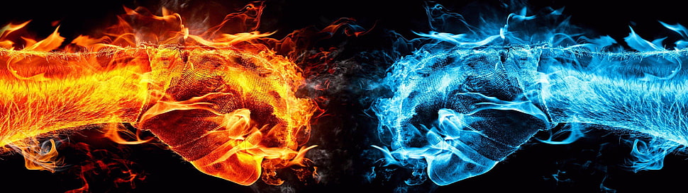 human hands with red and blue flames HD wallpaper