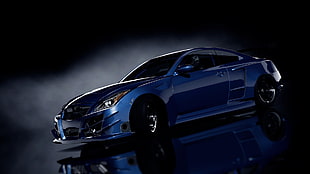 blue coupe, car, blue cars, black background, 3D