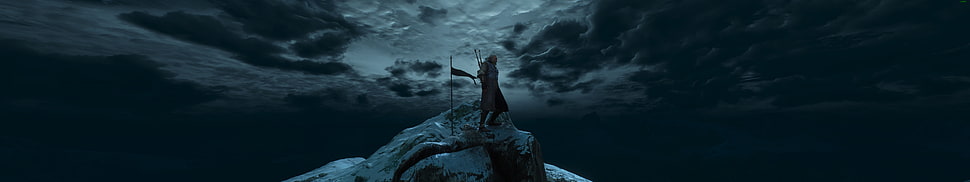 man standing on mountain photo, The Witcher 3: Wild Hunt, Geralt of Rivia, triple screen, The Witcher HD wallpaper