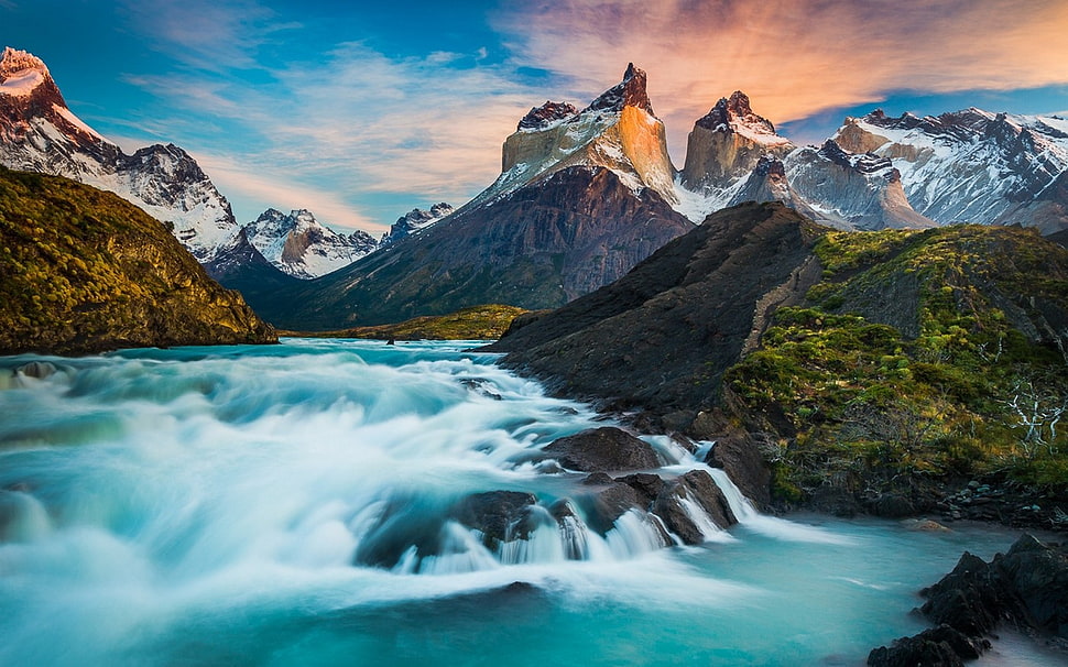 landscape photography of river surrounded by snow-capped mountain ranges in time lapse, nature, landscape, Torres del Paine, horns HD wallpaper