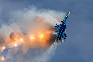 blue and gray aircraft, fire, military aircraft, aircraft, vehicle HD wallpaper