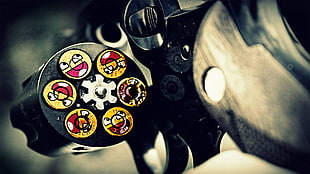 black revolver bullet cartridge, gun, awesome face, ammunition, digital art HD wallpaper