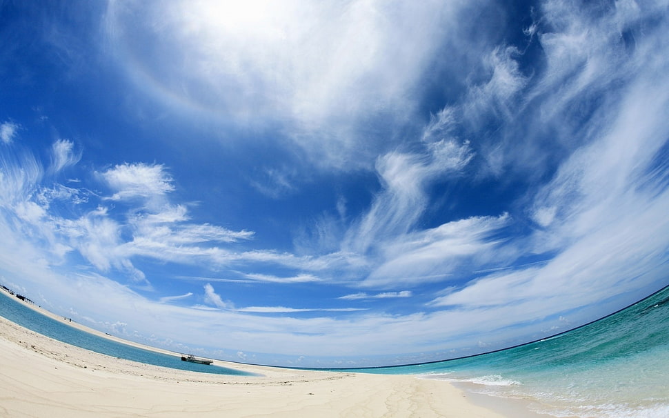 white and blue above ground pool, beach, sky, boat, clouds HD wallpaper