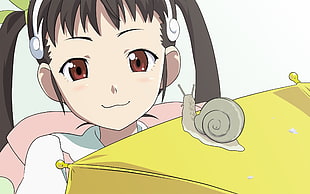 black-haired female anime character beside gray snail
