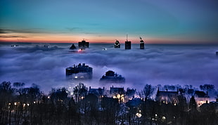 aerial photography of city covered in fog HD wallpaper