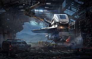 white aircraft floating near vehicle digital wallpaper, science fiction, artwork