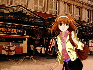 female anime character near storefront building digital wallpaper