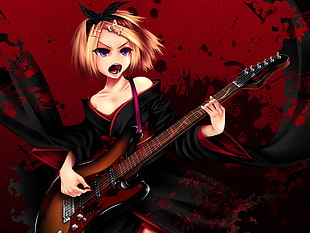 photo of female anime character holding guitar digital wallpaper