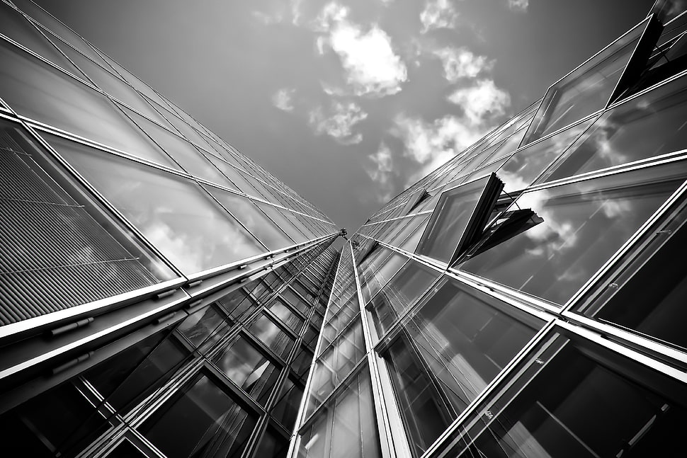 grayscale and high-angle photo of a glass windowed building HD wallpaper