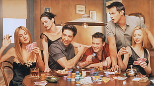 women's three black sleeveless dresses, Friends (TV series), Monica Geller, Ross Geller, Joey Tribbiani