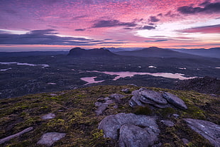 aerial view of mountain with body of water during sunset, suilven