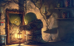 green alien character holding lantern lamp while facing mirror
