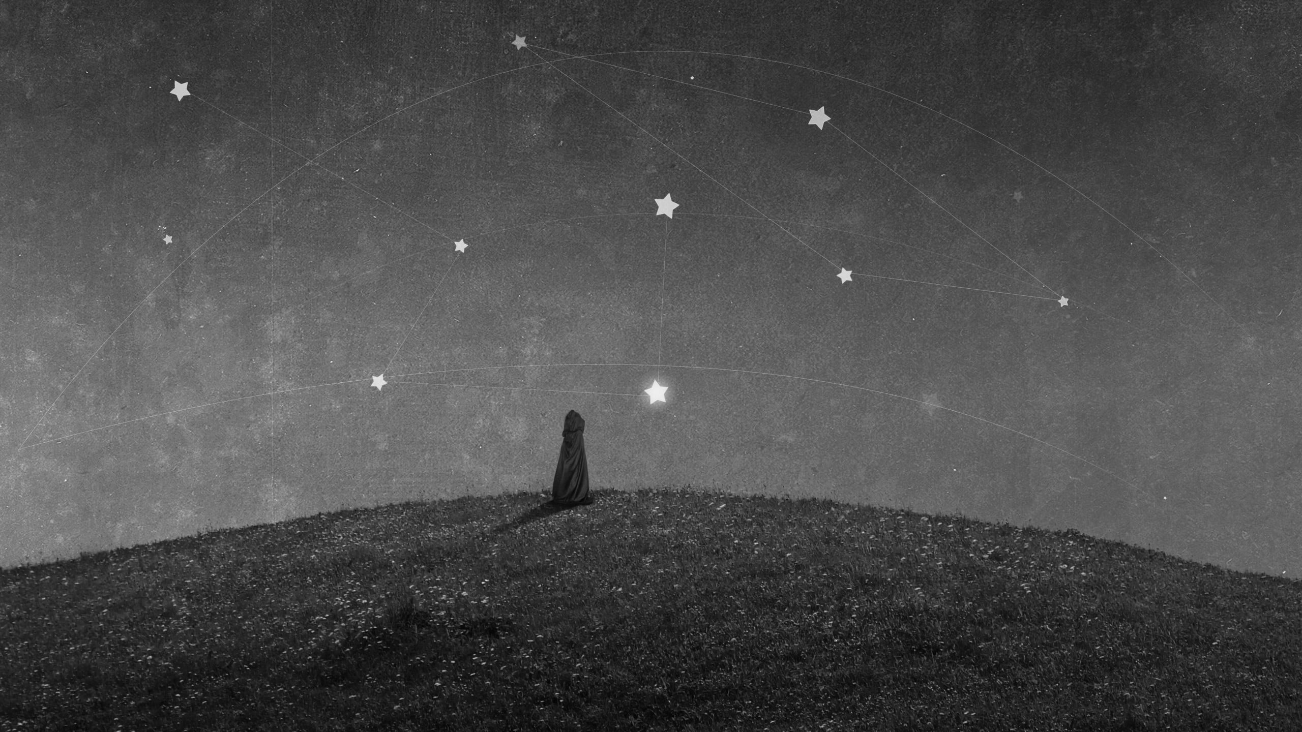 person watching constellation, artwork, stars
