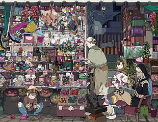 multicolored shop wallpaper, anime, colorful, detailed, markets HD wallpaper